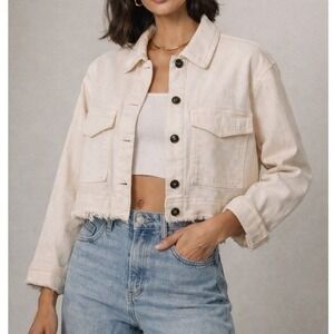 Elevated Parisian Le Jean Cropped Denim Jacket Raw Hem Made in USA Size‎ Large